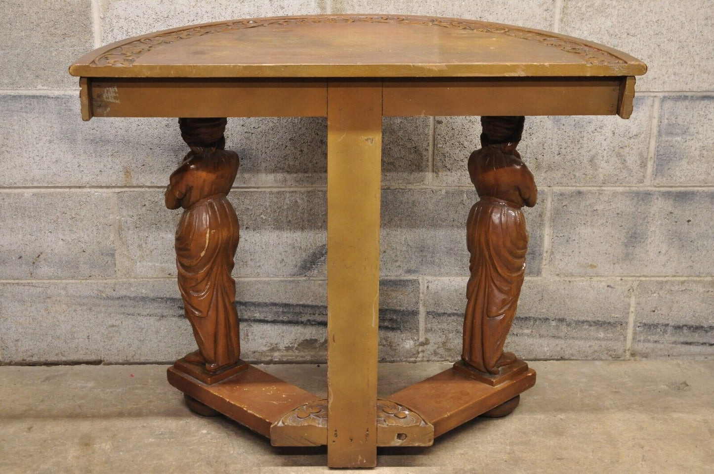 Italian Renaissance Carved Walnut Figural Half Round Demilune Console Table