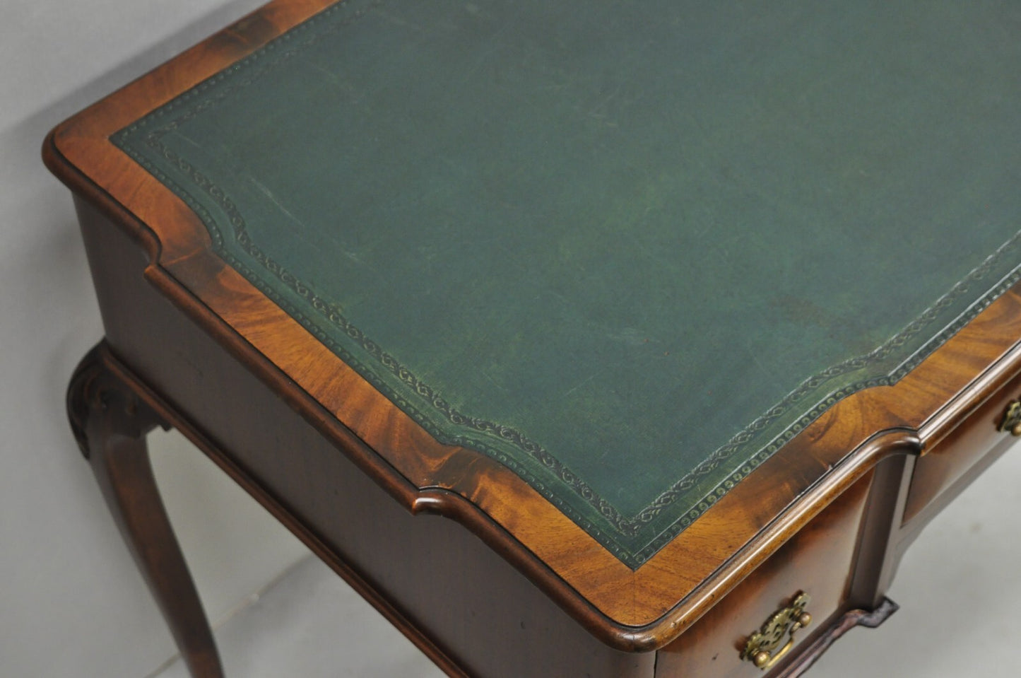 Antique English Georgian Crotch Mahogany Green Leather Top Small Writing Desk