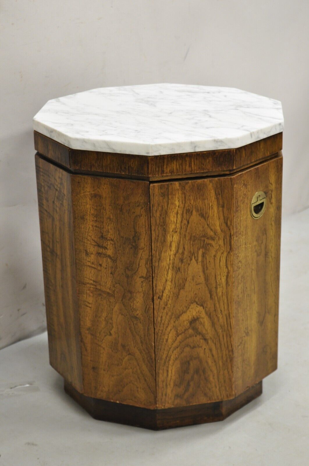 Drexel Accolade Campaign Style Walnut Marble Top Octagonal Side Table Cabinet