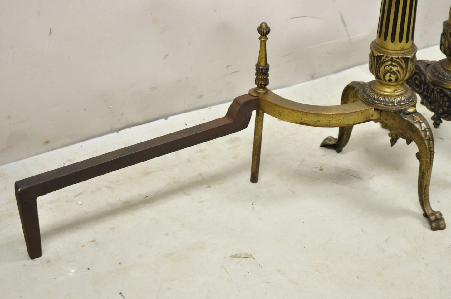 Antique French Empire Style Bronze Column Flame Finial Fireplace Andirons - Pair