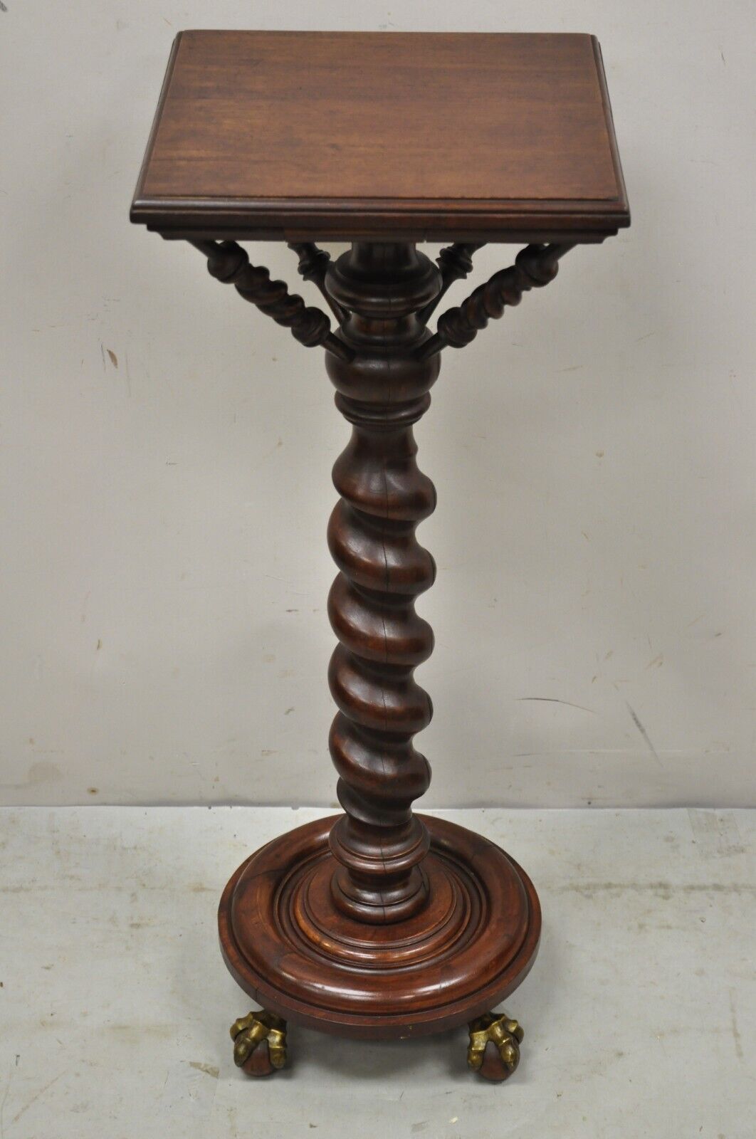Antique Empire Victorian Walnut Barley Twist Spiral Carved Pedestal Stand