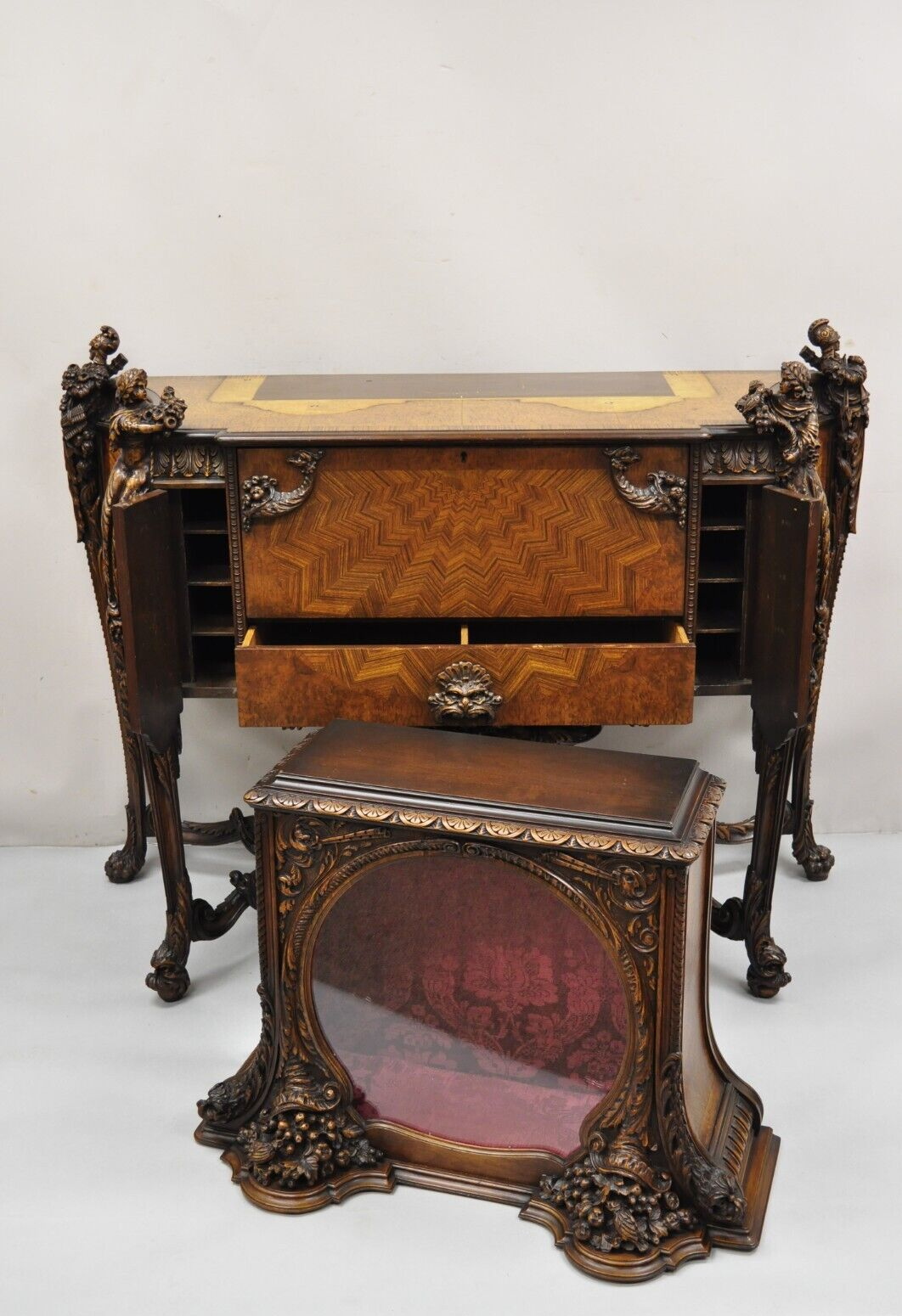 French Renaissance Louis XV Style Figural Carved Walnut Curio Display Buffet