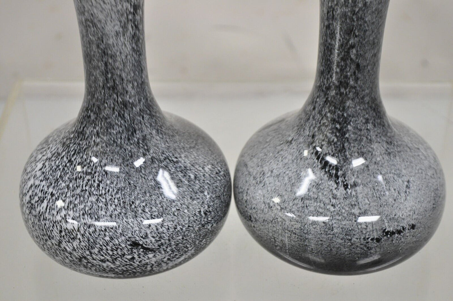 Vintage Mid Century Italian Modern Speckled Grey Glass Fluted 10" Vase - a Pair