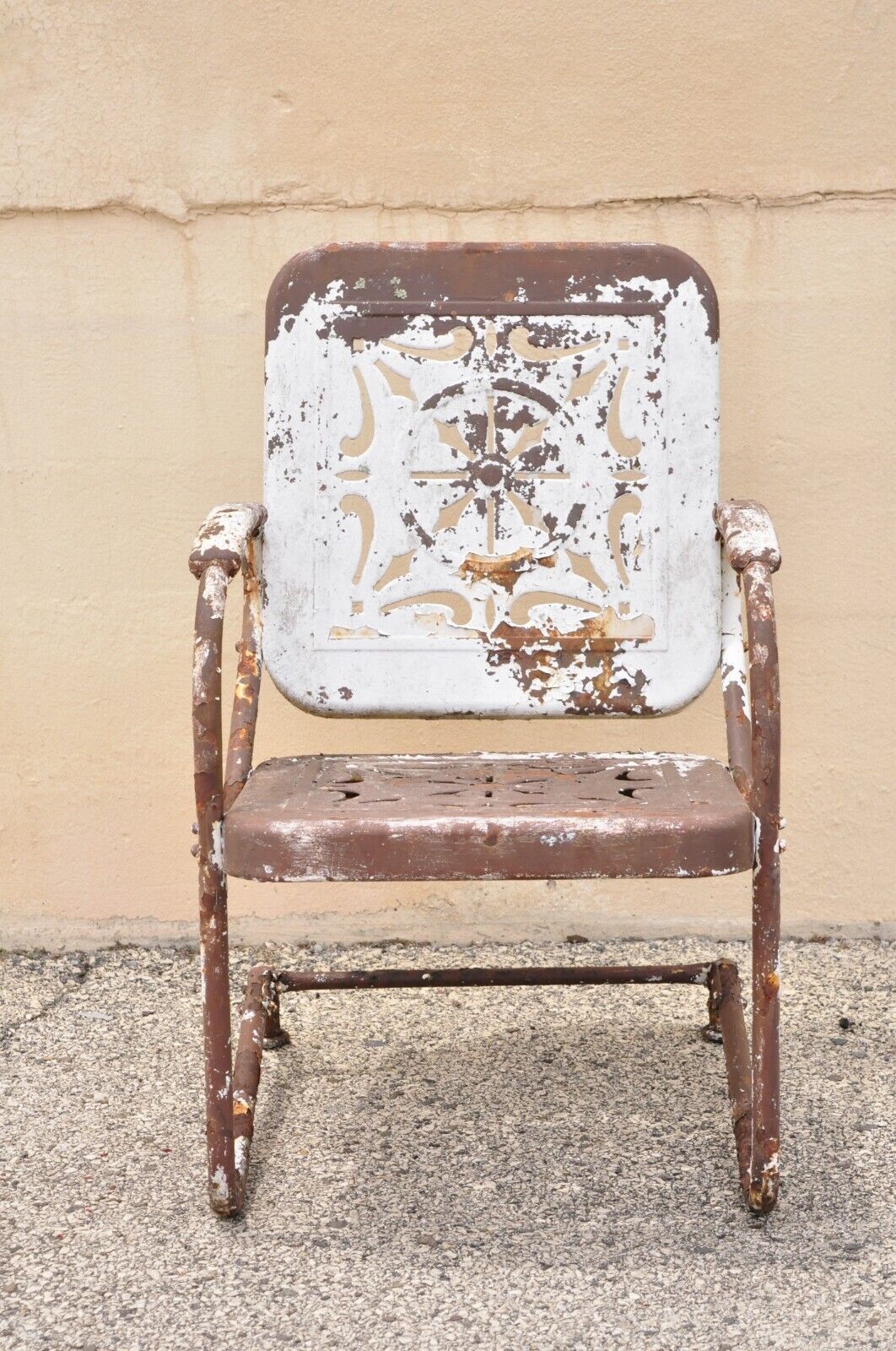 Antique Art Deco Basketweave Brown Distress Paint Bouncer Garden Lounge Chair