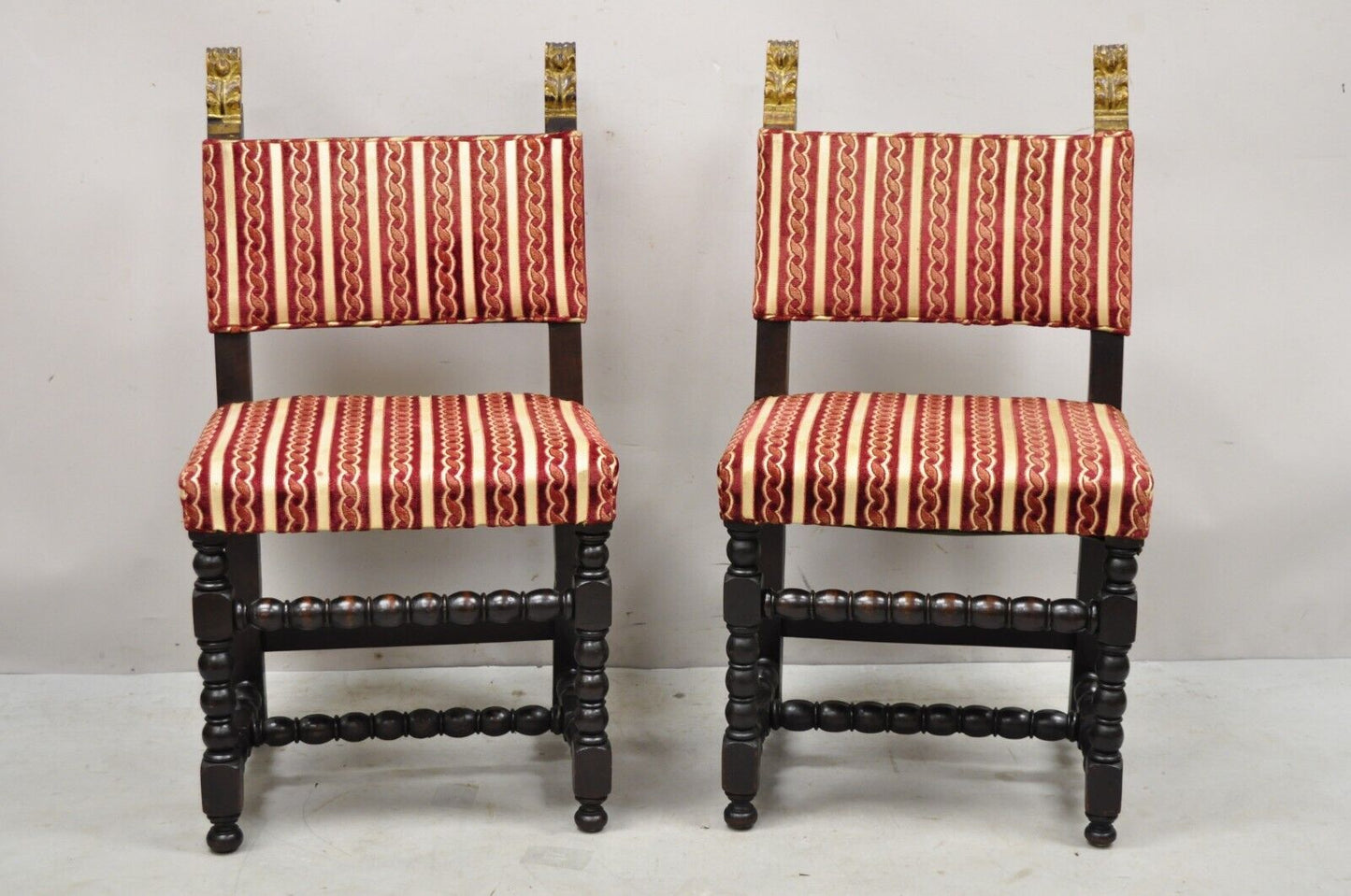 Antique Small Jacobean Style Turn Carved Walnut Accent Side Chairs - a Pair
