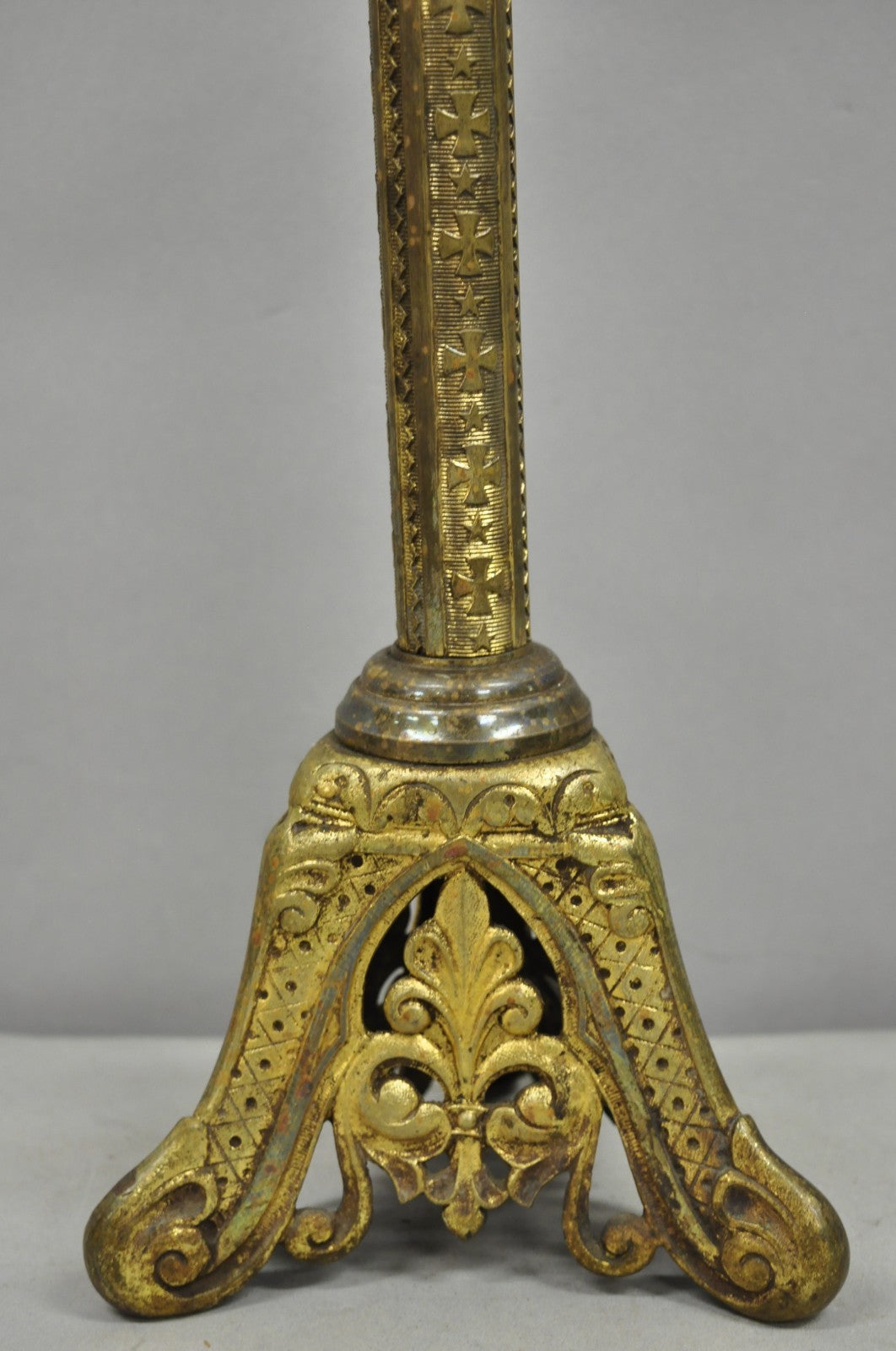 Antique French Renaissance Brass Religious Church Candlestick Table Lamp