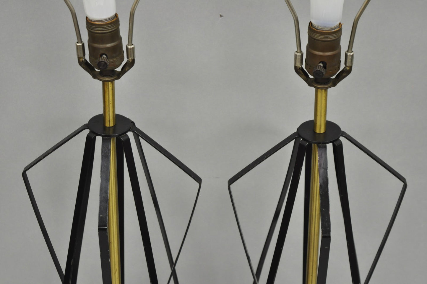 Vintage Mid Century Modern Black Metal & Brass Geometric Helix Table Lamps Pair