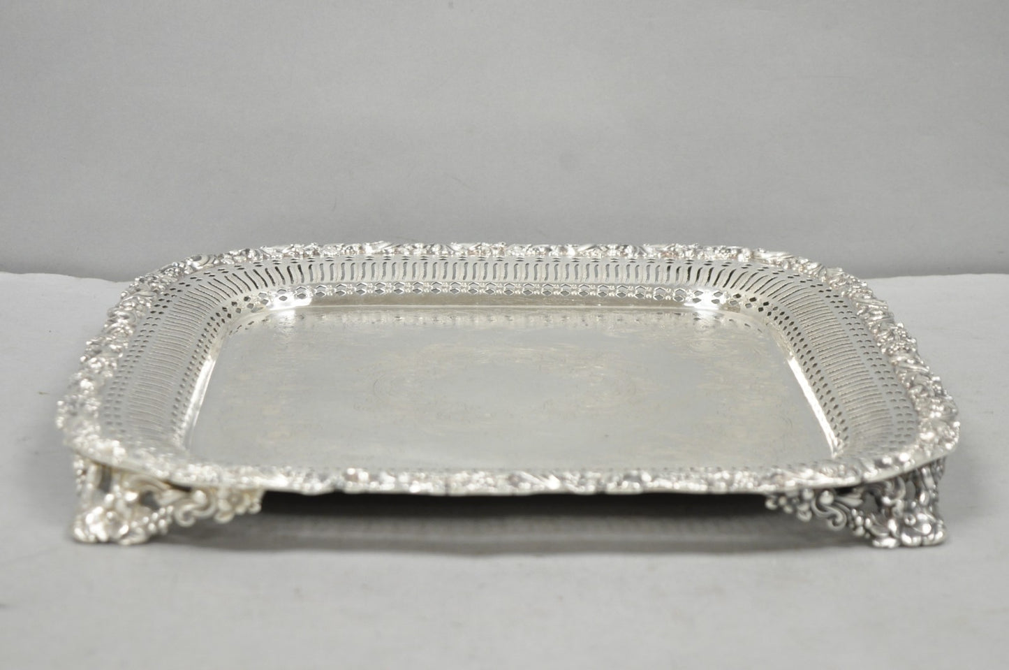 Vintage International Silver Victorian Repousse Pierced Gallery Square Bar Tray