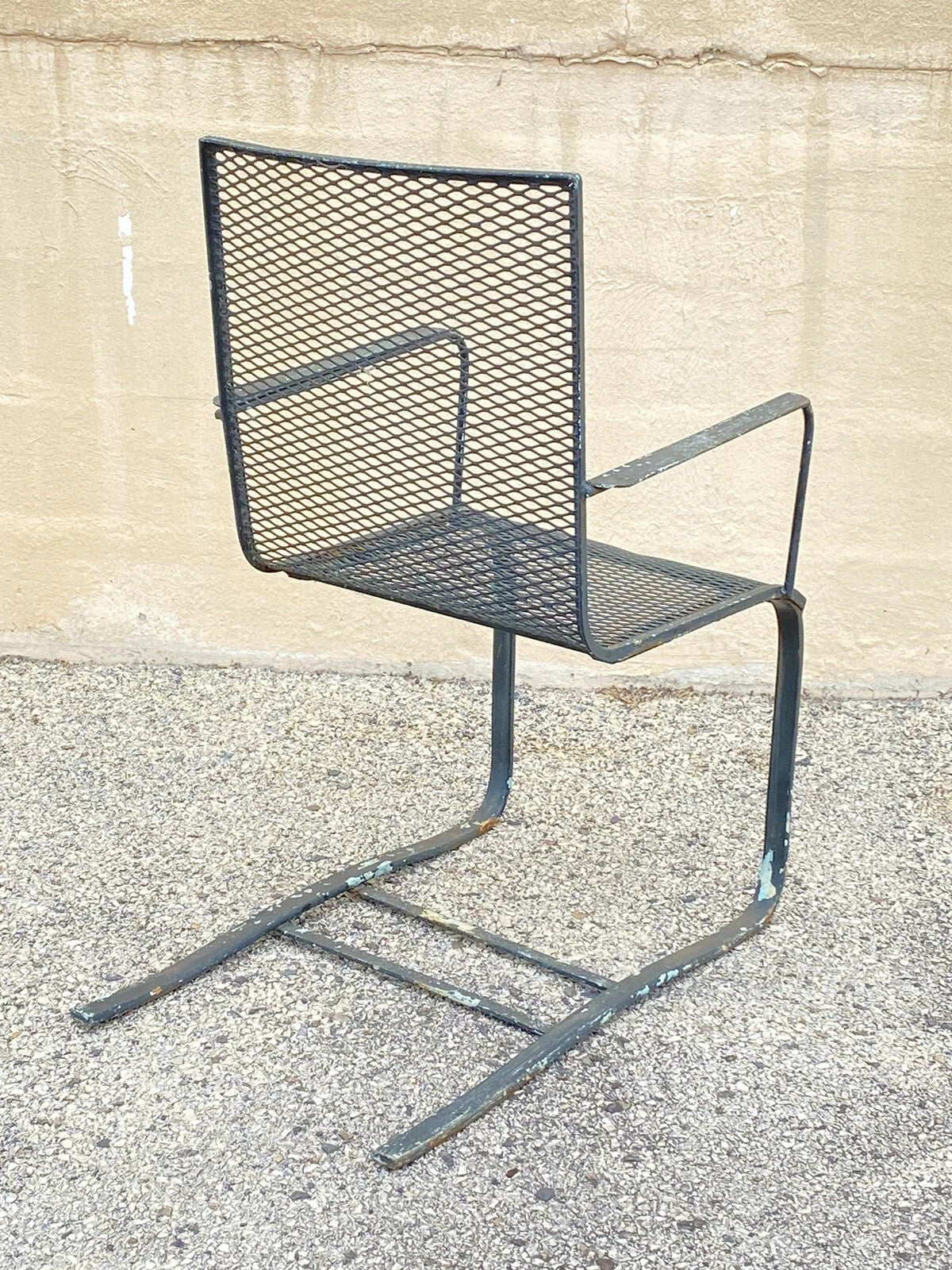 Vintage Mid Century Modern Wrought Iron Metal Mesh Spring Cantilever Patio Chair