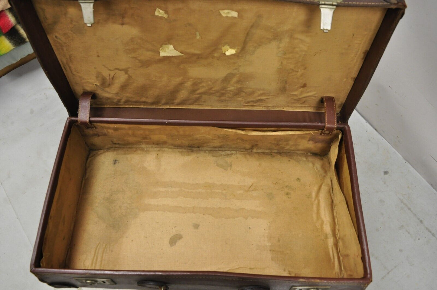 Antique Art Deco Brown Leather English 25" Luggage Travel Suitcase