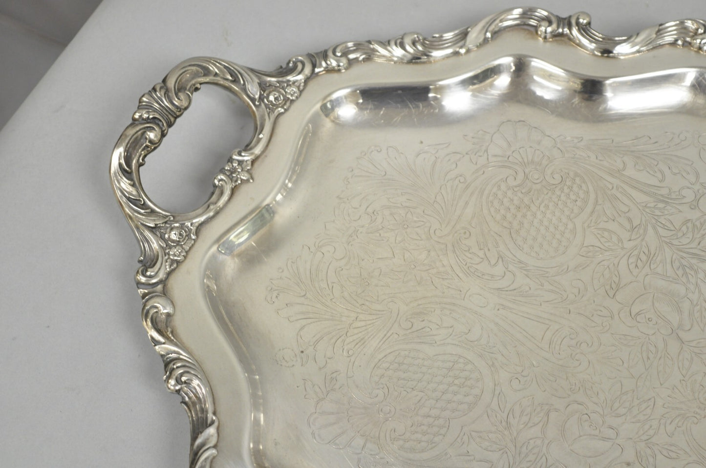 Antique Wallace Baroque Large 28" Silver Plated Serving Bar Tray w/ Handles