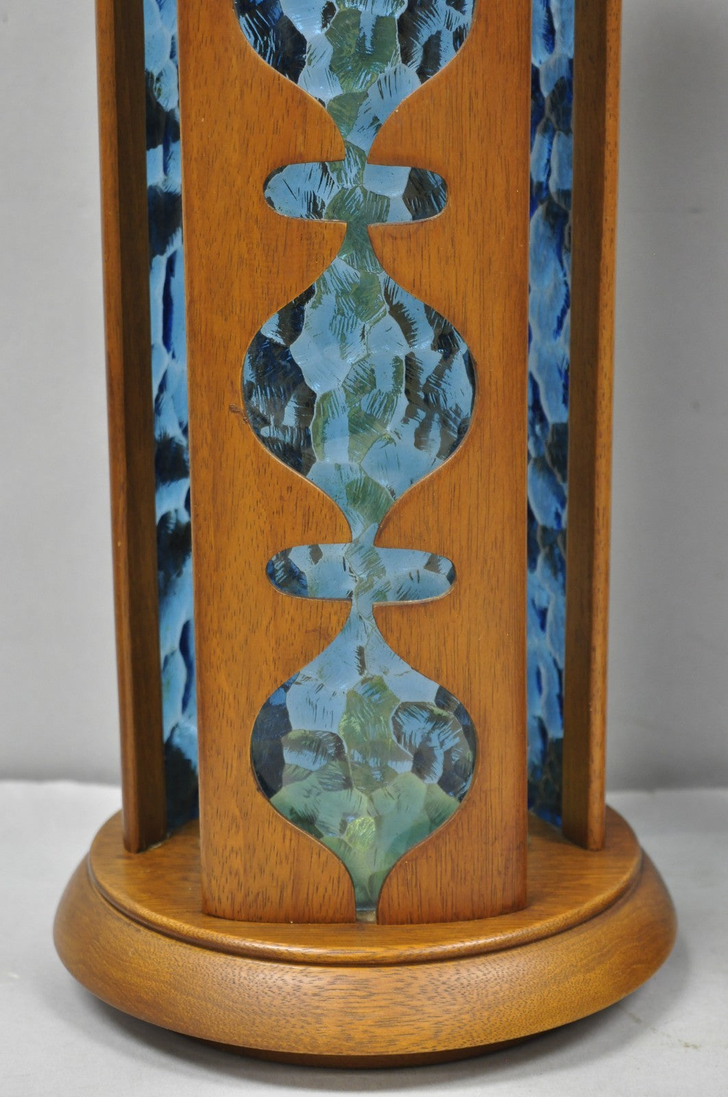 Vintage Modeline Mid Century Modern Walnut & Blue Stained Glass Table Lamps Pair