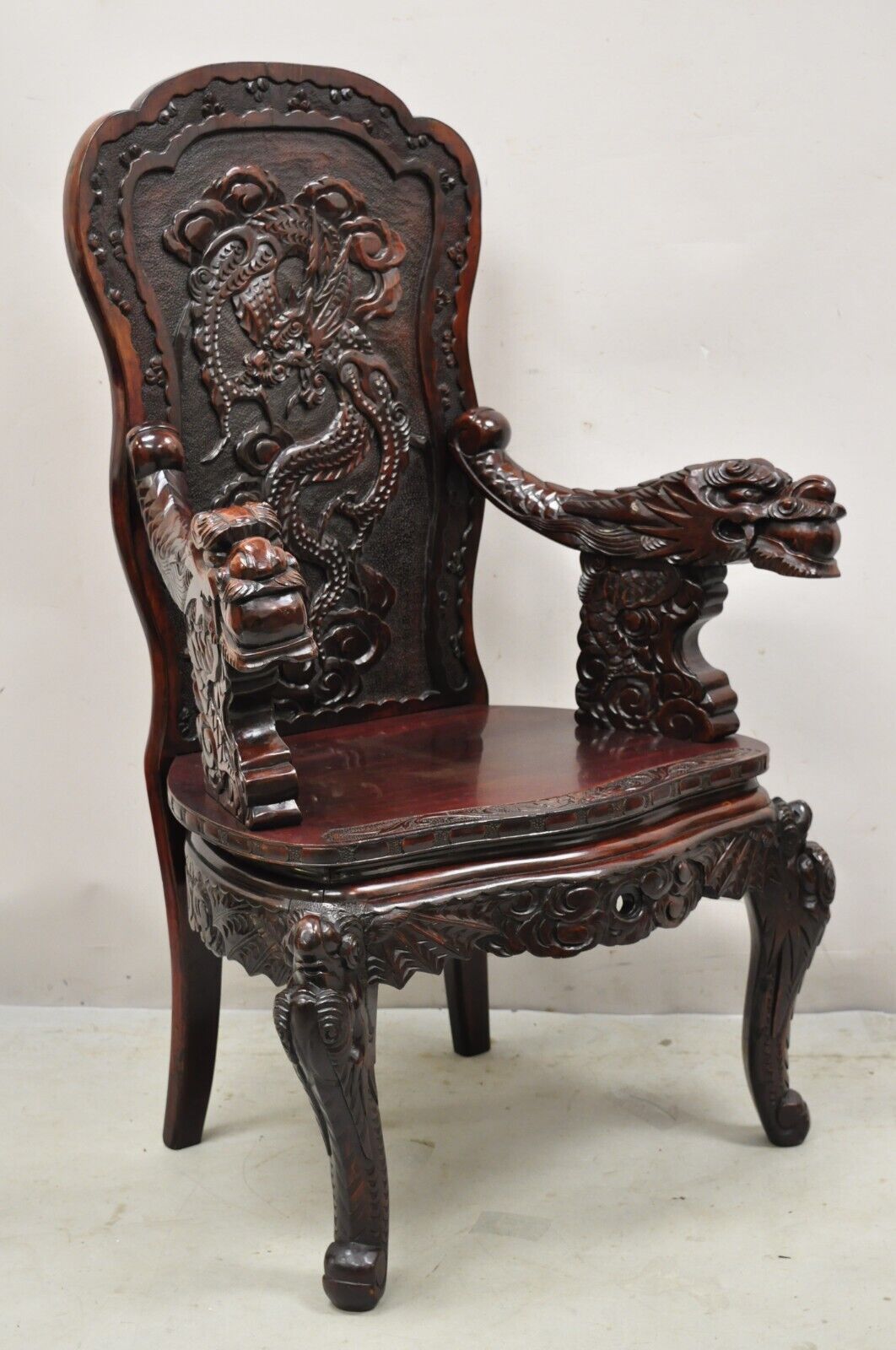 Antique Japanese Export Carved Hardwood Foo Dog Throne Arm Chair