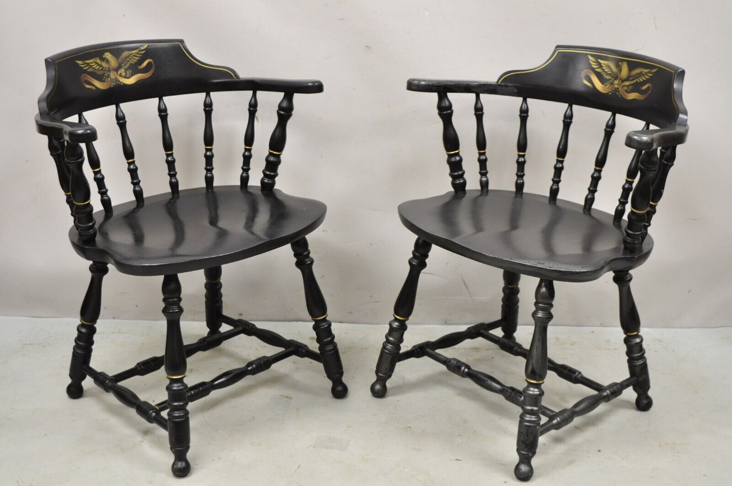 Vintage S. Bent & Bros Black Painted Eagle Colonial Style Pub Chairs - a Pair
