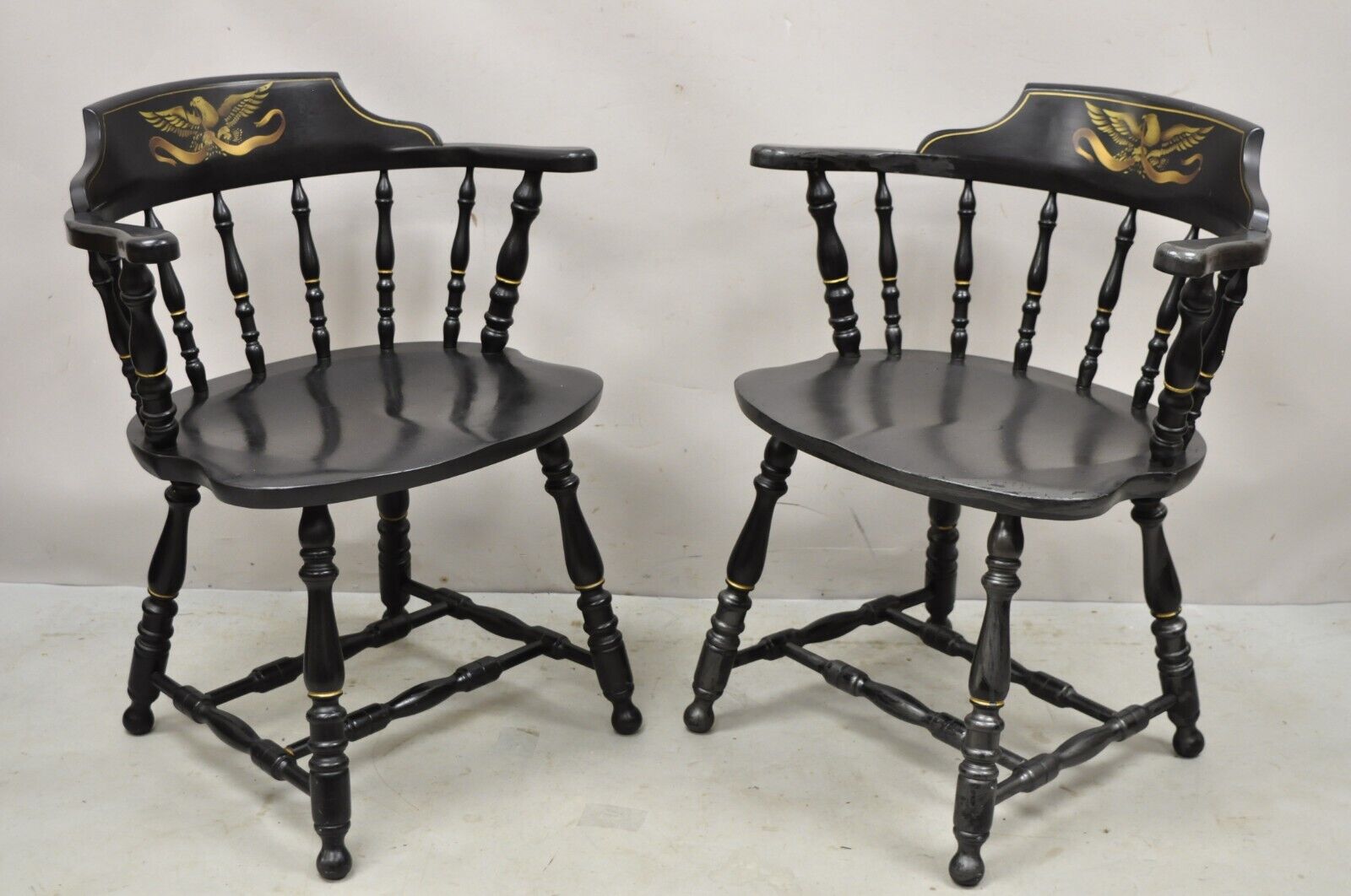 Vintage S. Bent & Bros Black Painted Eagle Colonial Style Pub Chairs - a Pair