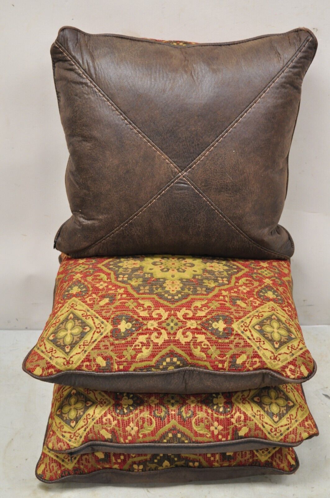 4 Contemporary Mediterranean Style Red and Brown Tapestry Faux Leather Pillows