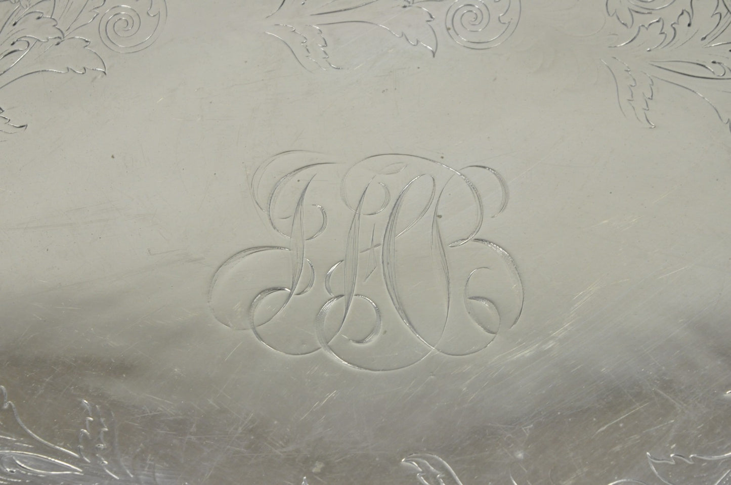 Antique English Victorian Silver Plated Grapevine Oval Bar Tray w/ Monogram