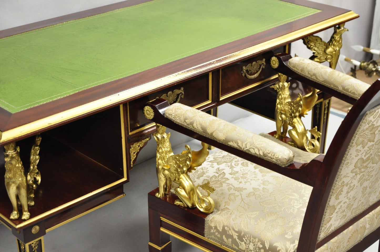 French Empire Revival Green Leather Top Bronze Griffin Mahogany Desk & Chair