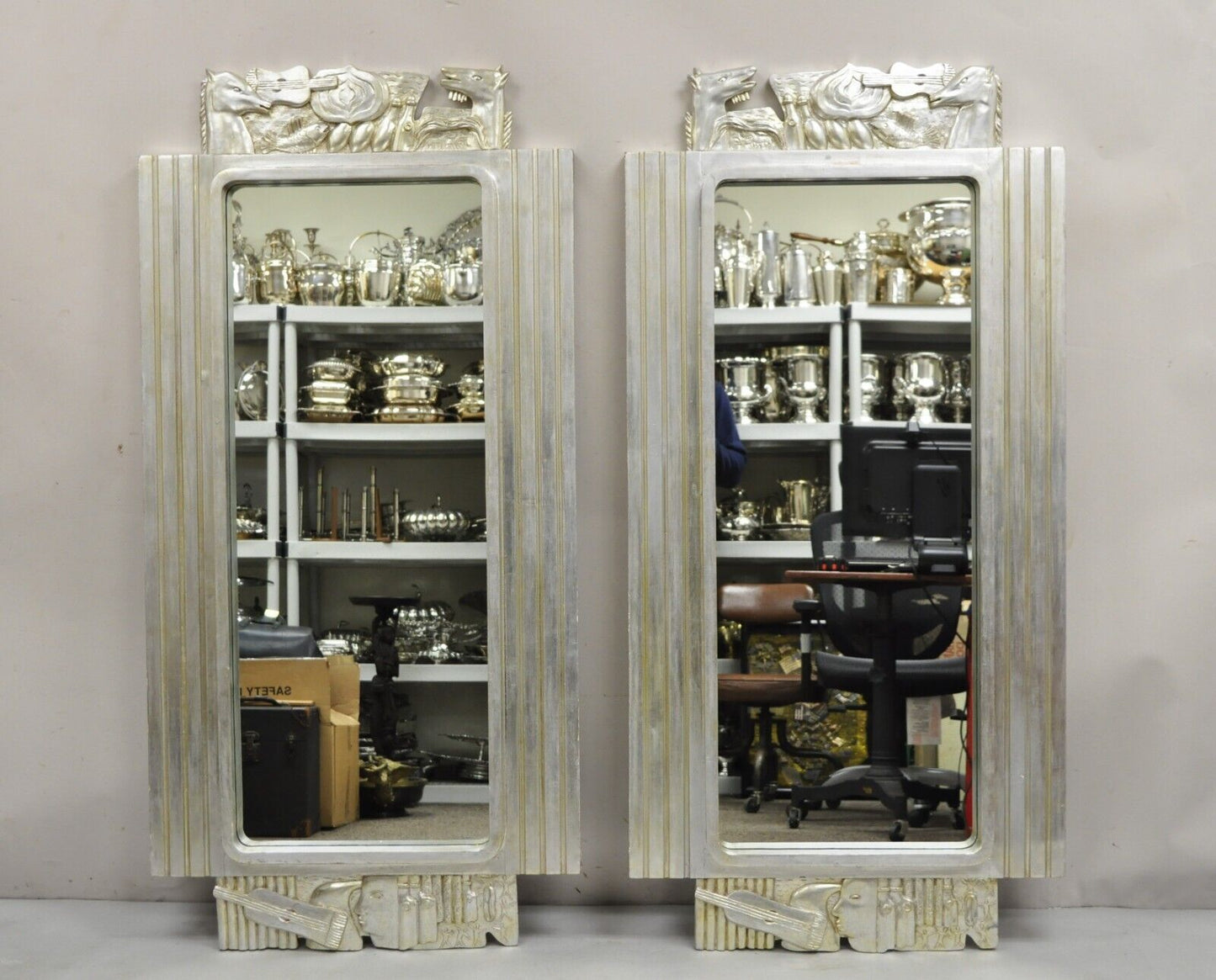 Vintage Italian Modern Figural Relief Carved Silver Leaf Wall Mirrors - a Pair