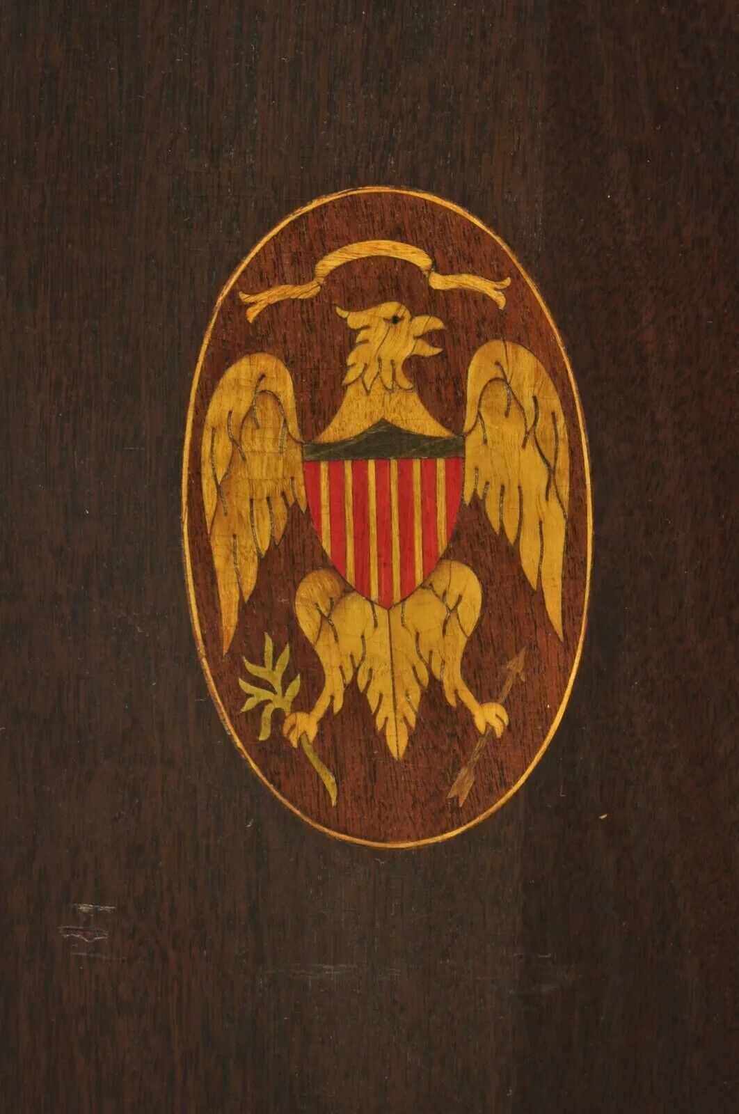 Antique Federal Sheraton Mahogany Eagle Shield Flag Inlay Tilt Top Lamp Table