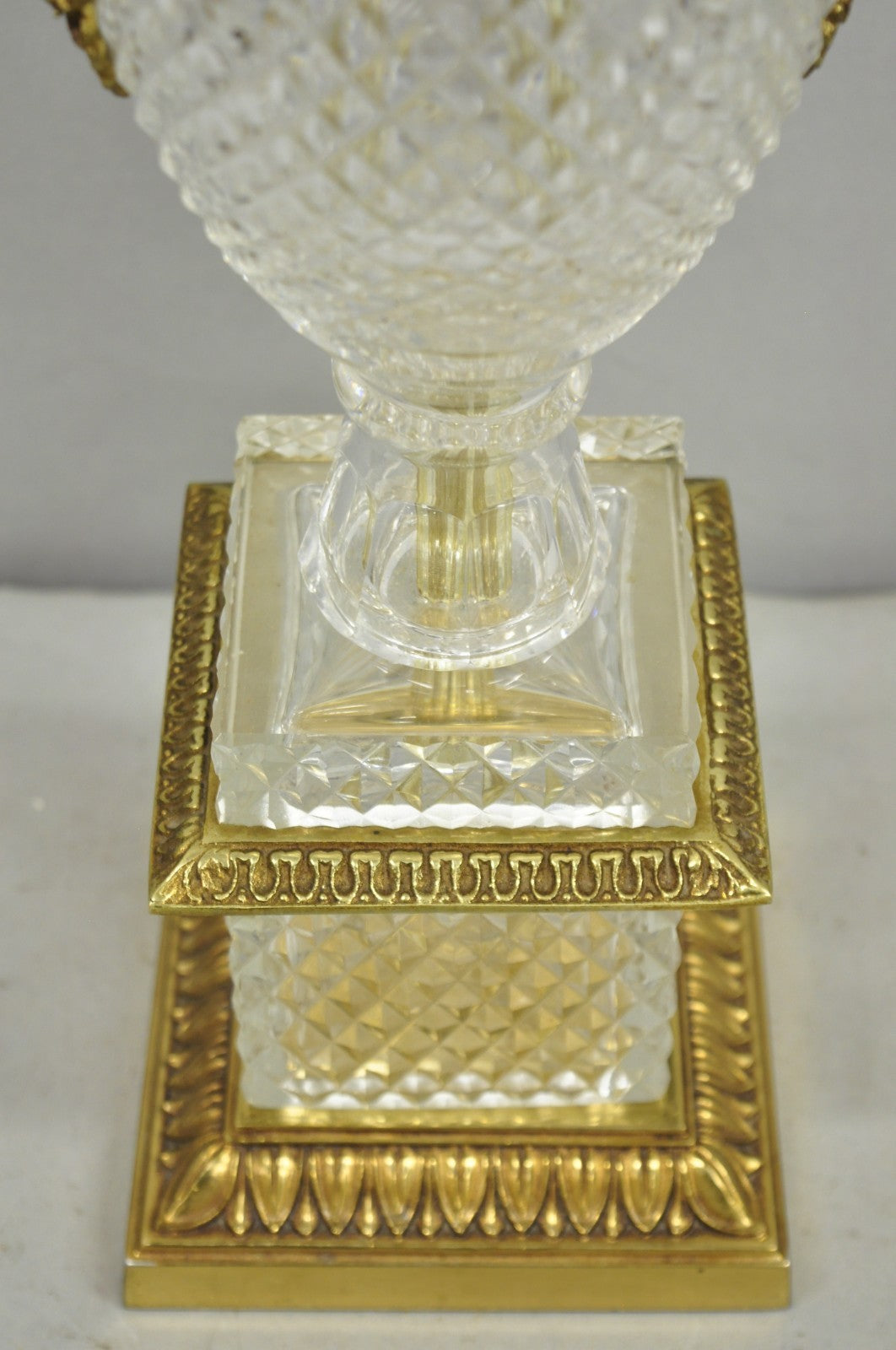 French Empire Regency Baccarat Style Glass Crystal Urn Table Lamp w/ Brass Swans
