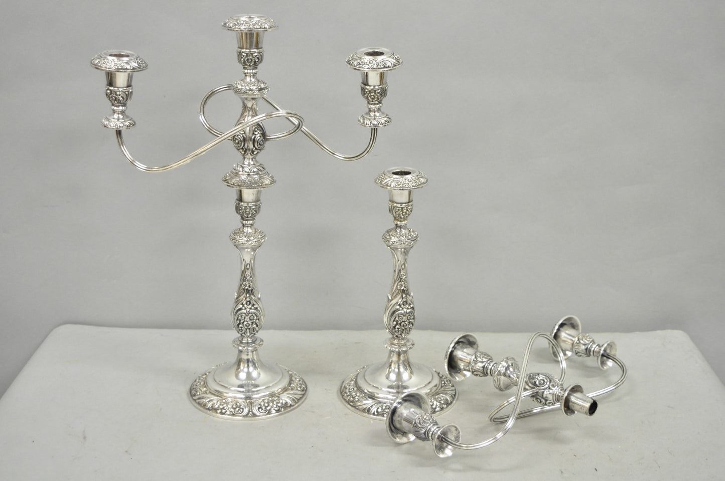 Heritage 1847 Rogers Bros 9416 Silver Plated 3 Arm Ornate Candelabra - a Pair