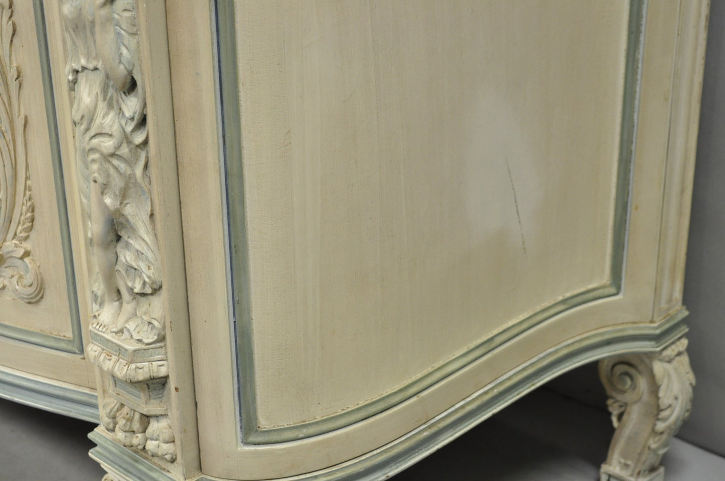French Renaissance White Blue Painted Figural Carved Marble Top Buffet Commode