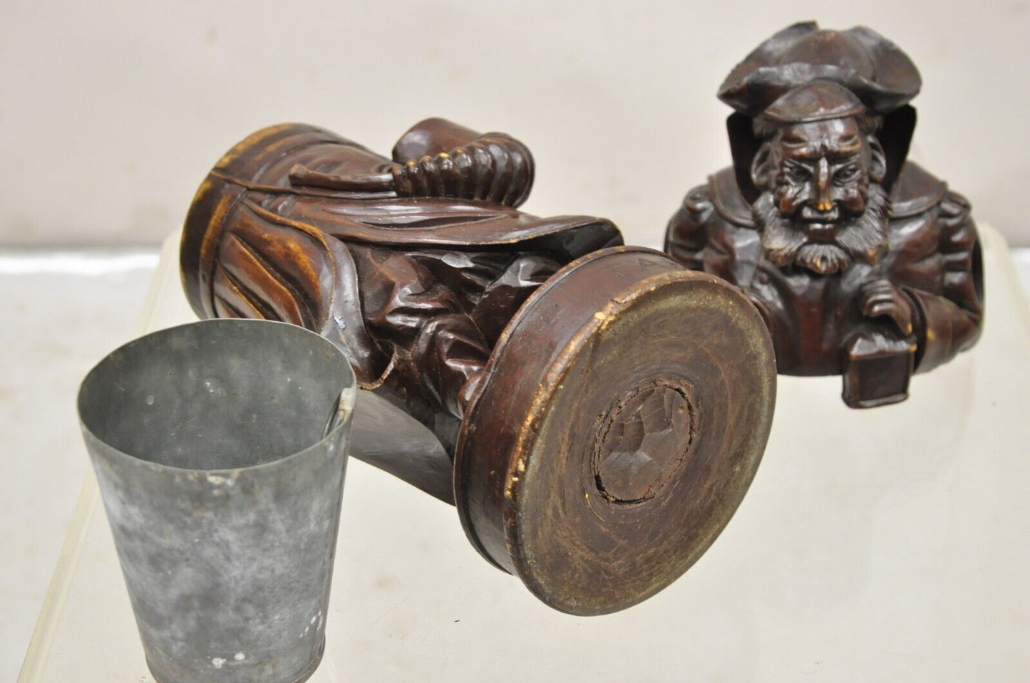 19th C. Black Forest Figural Wood Carved Night Watchman Lidded Tobacco Jar Box