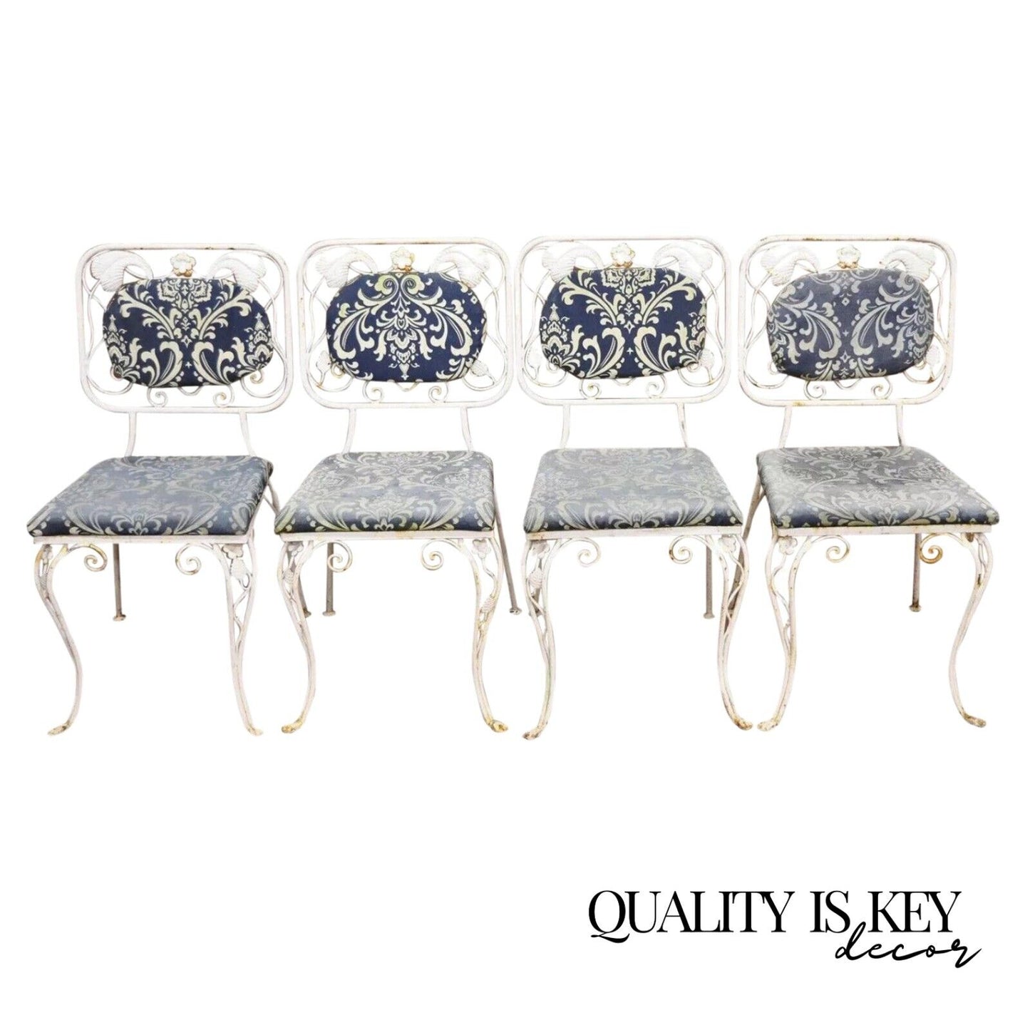 Vintage Art Nouveau Style Floral Wrought Iron Garden Dining Chairs - Set of 4