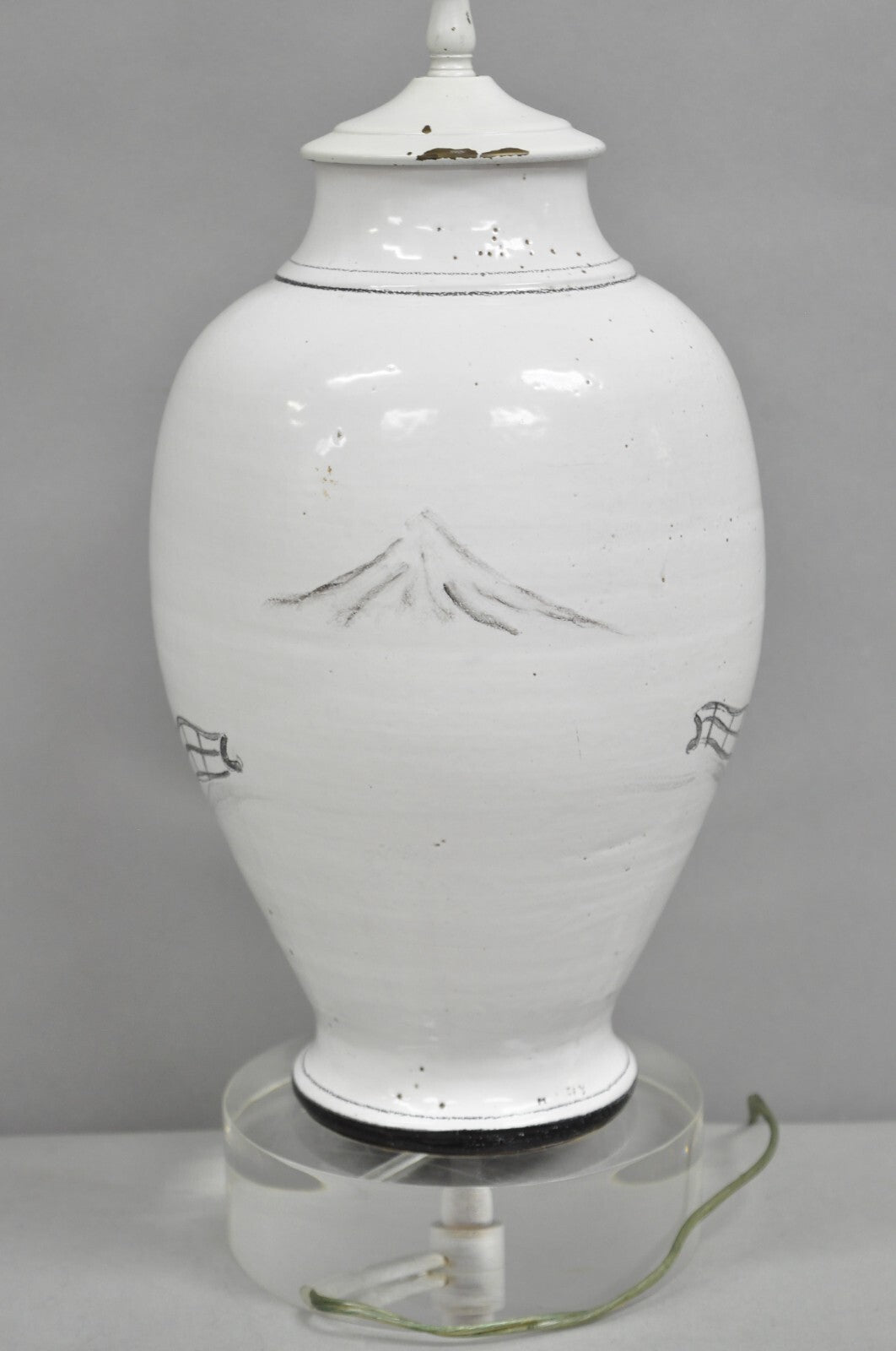 Vintage Chinoiserie White Ceramic Jardiniere Vase Oriental Table Lamp on Lucite