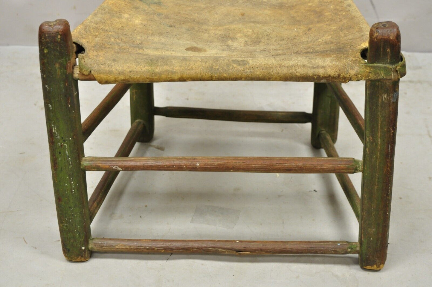 Antique Small Ladder Back Green Primitive Rustic Chair with Deer Hide Seat