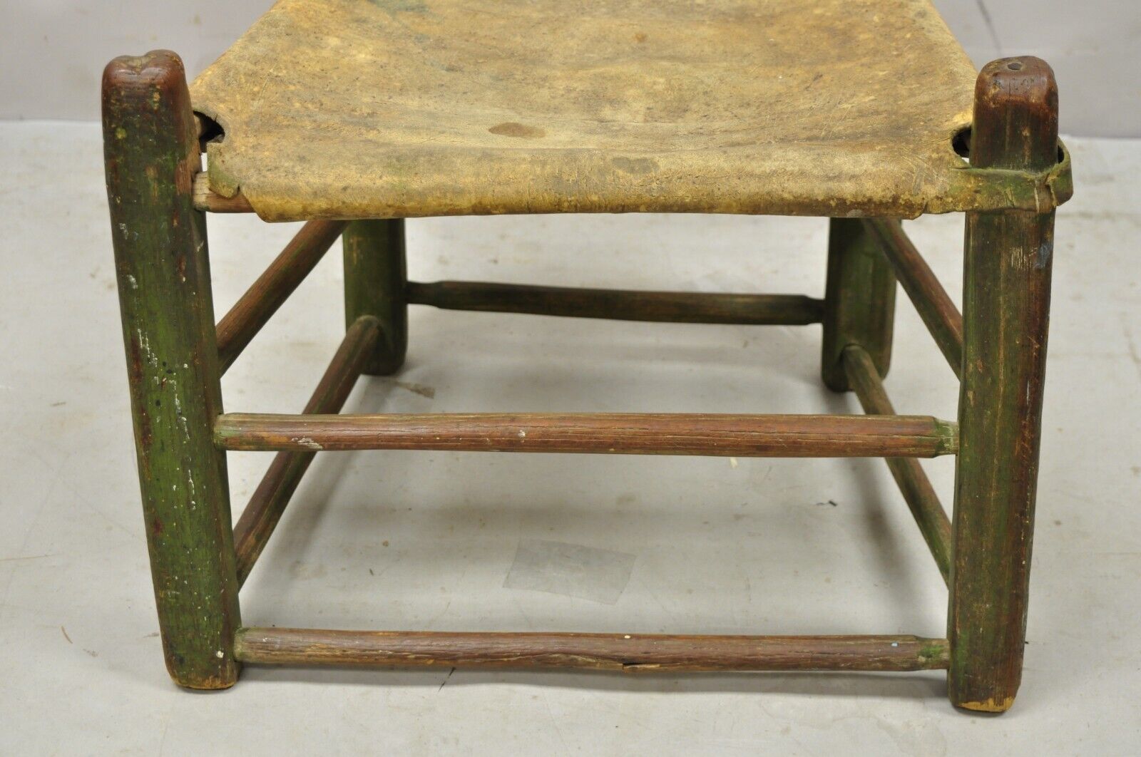 Antique Small Ladder Back Green Primitive Rustic Chair with Deer Hide Seat