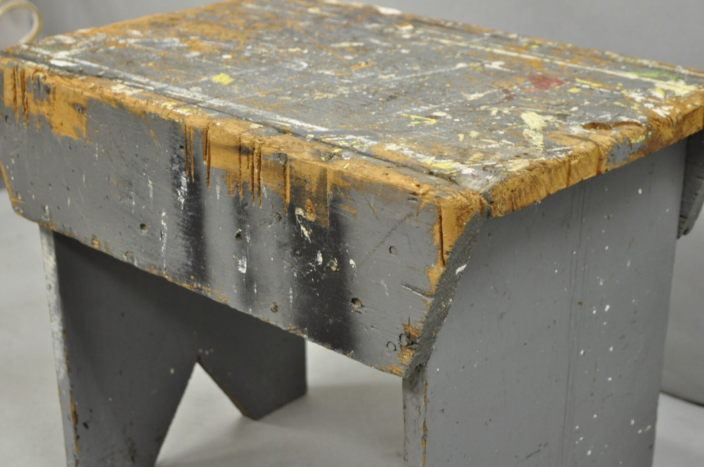 Antique French Country Primitive Gray Painted Paint Splattered Work Bench Stool