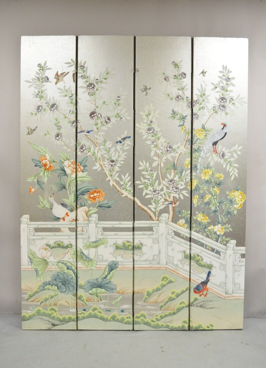 Vintage Chinoiserie Silver Leaf Birds Butterflies 4 Panel Screen Room Divider B