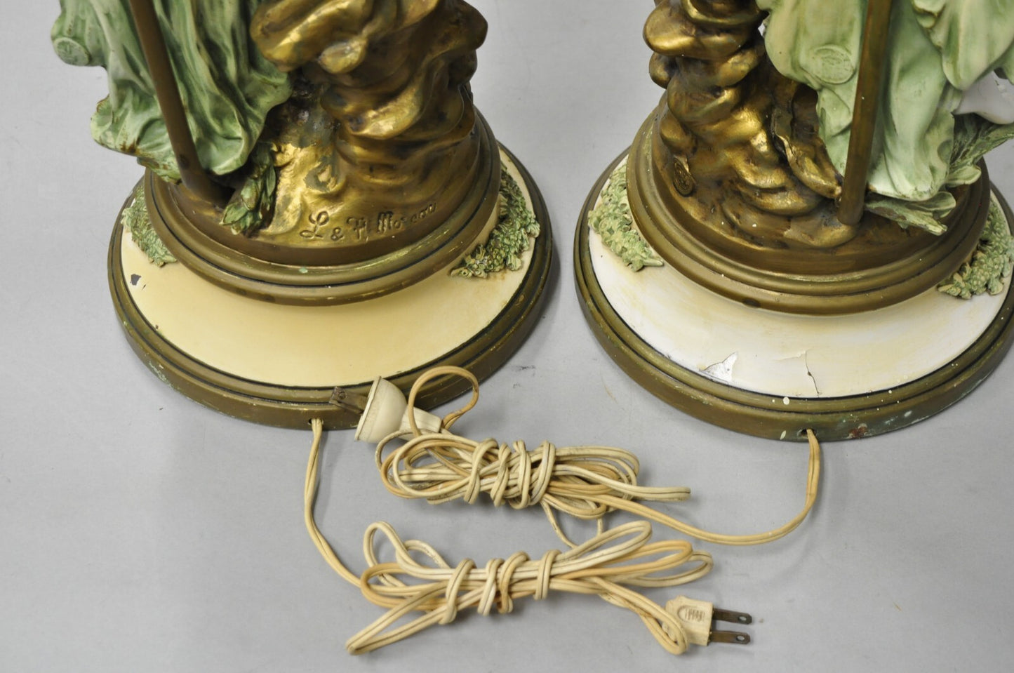 Antique French L&F Moreau Painted Metal Figural Mother & Child Table Lamps Pair