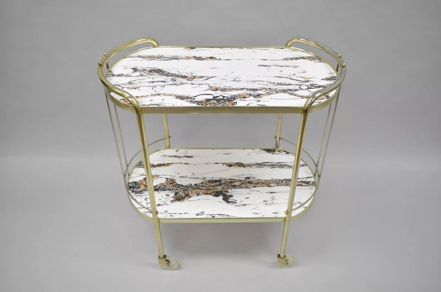 Vintage Mid Century Modern Brass Rolling Bar Tea Cart Laminate Faux Marble