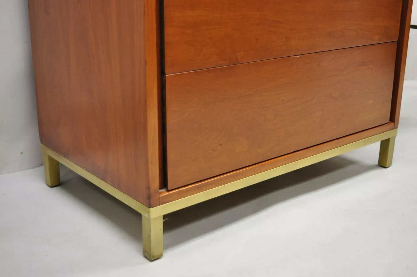 Vintage Mid Century Modern Walnut Brass Base Modernist Kneehole Writing Desk