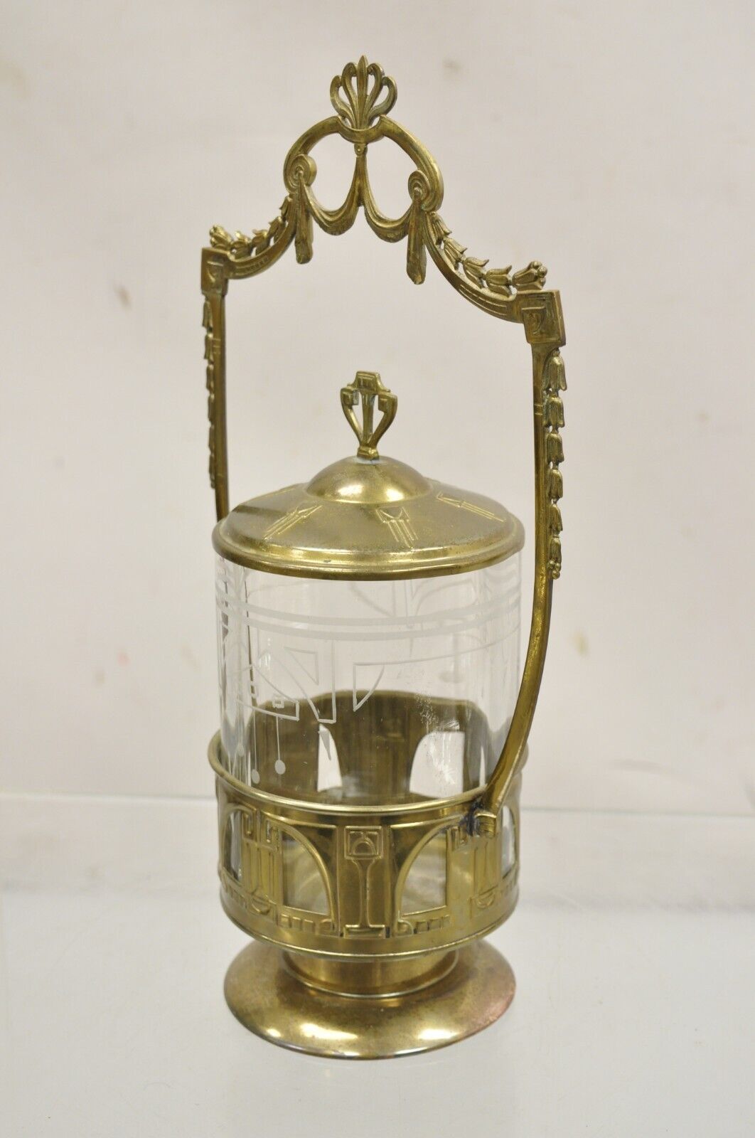 Antique German Art Nouveau Brass Metal Pickle Castor w/ Etched Glass Insert