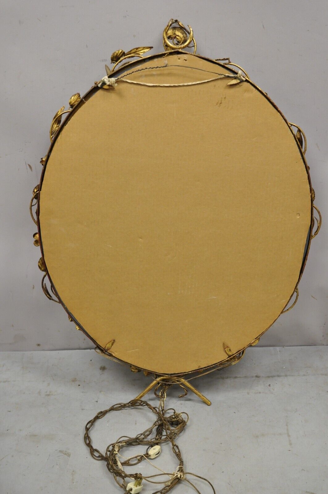 Vtg Italian Hollywood Regency Gold Gilt Iron Oval Floral Wall Mirror w/ Sconces