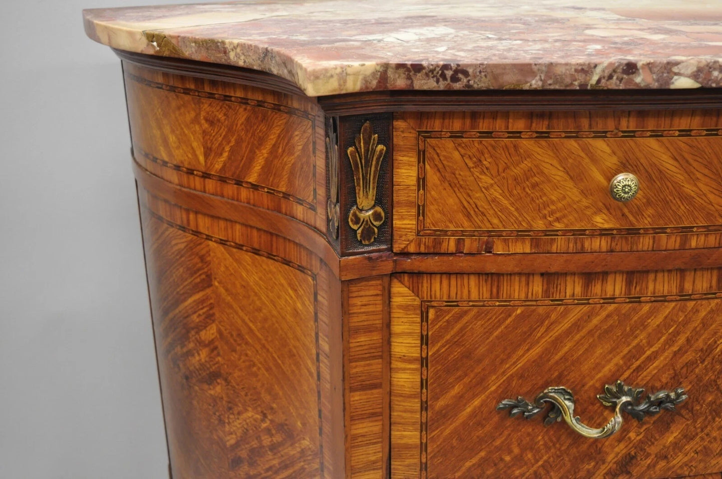 Antique French Louis XV Style Marble Top Satinwood Demilune Commode Dresser