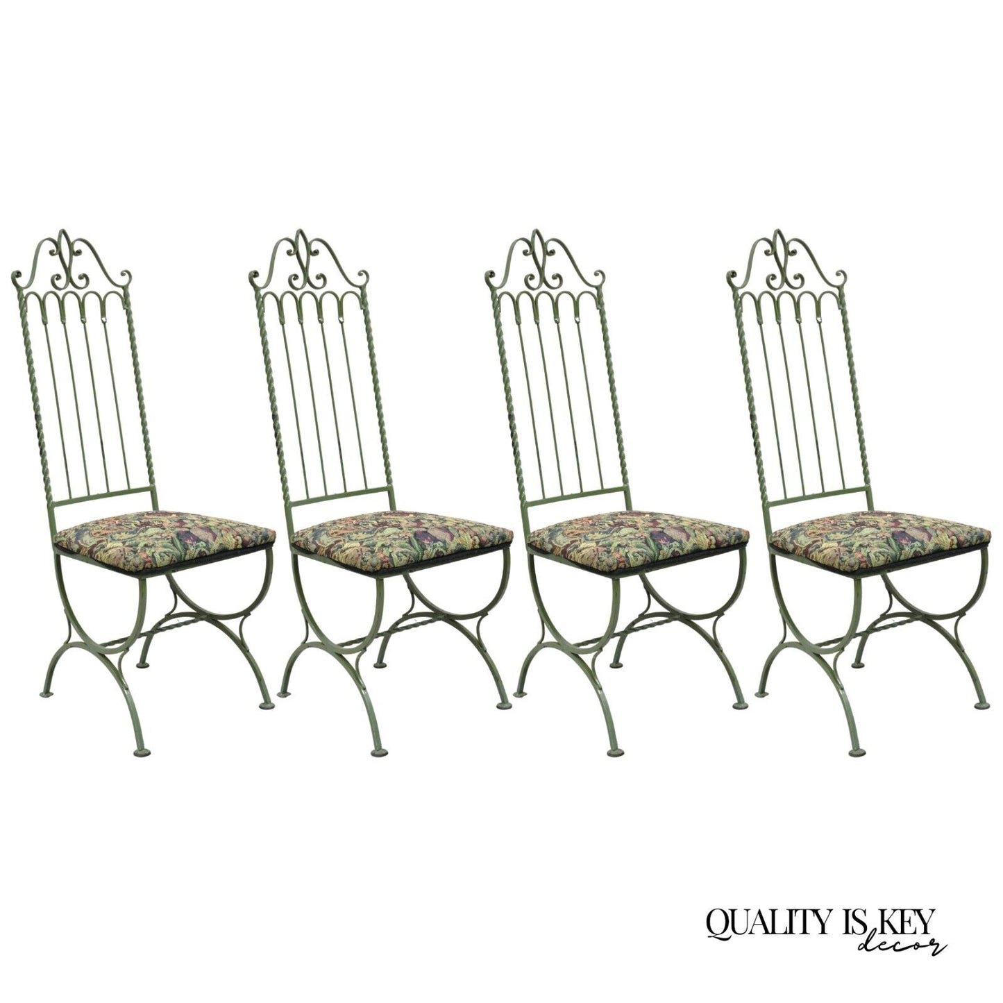 Vintage Gothic Hollywood Regency Style Green Wrought Iron Dining Chairs Set of 4