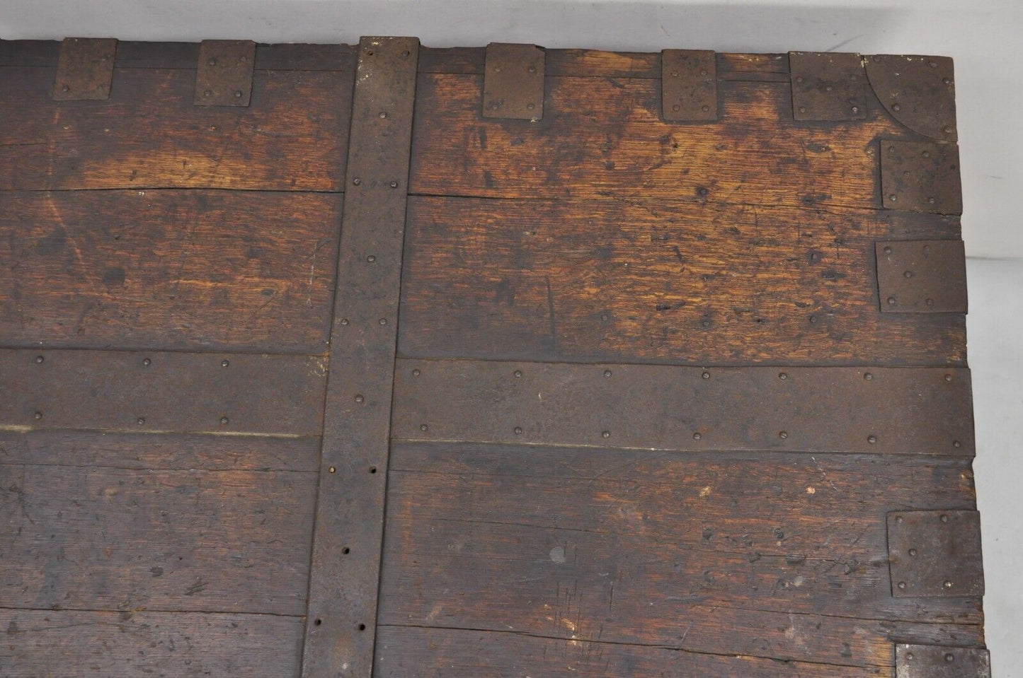 19th C. English Oak Wood and Steel Banded Safe Storage Cabinet Chest Trunk