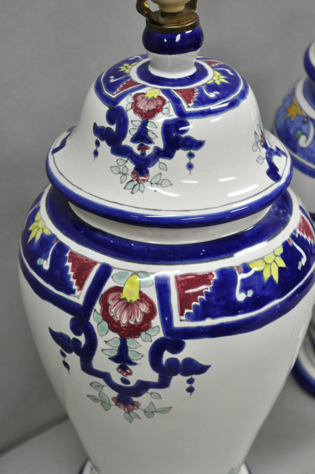Vintage Chinoiserie White Blue Porcelain Ceramic Jardiniere Table Lamp - a Pair
