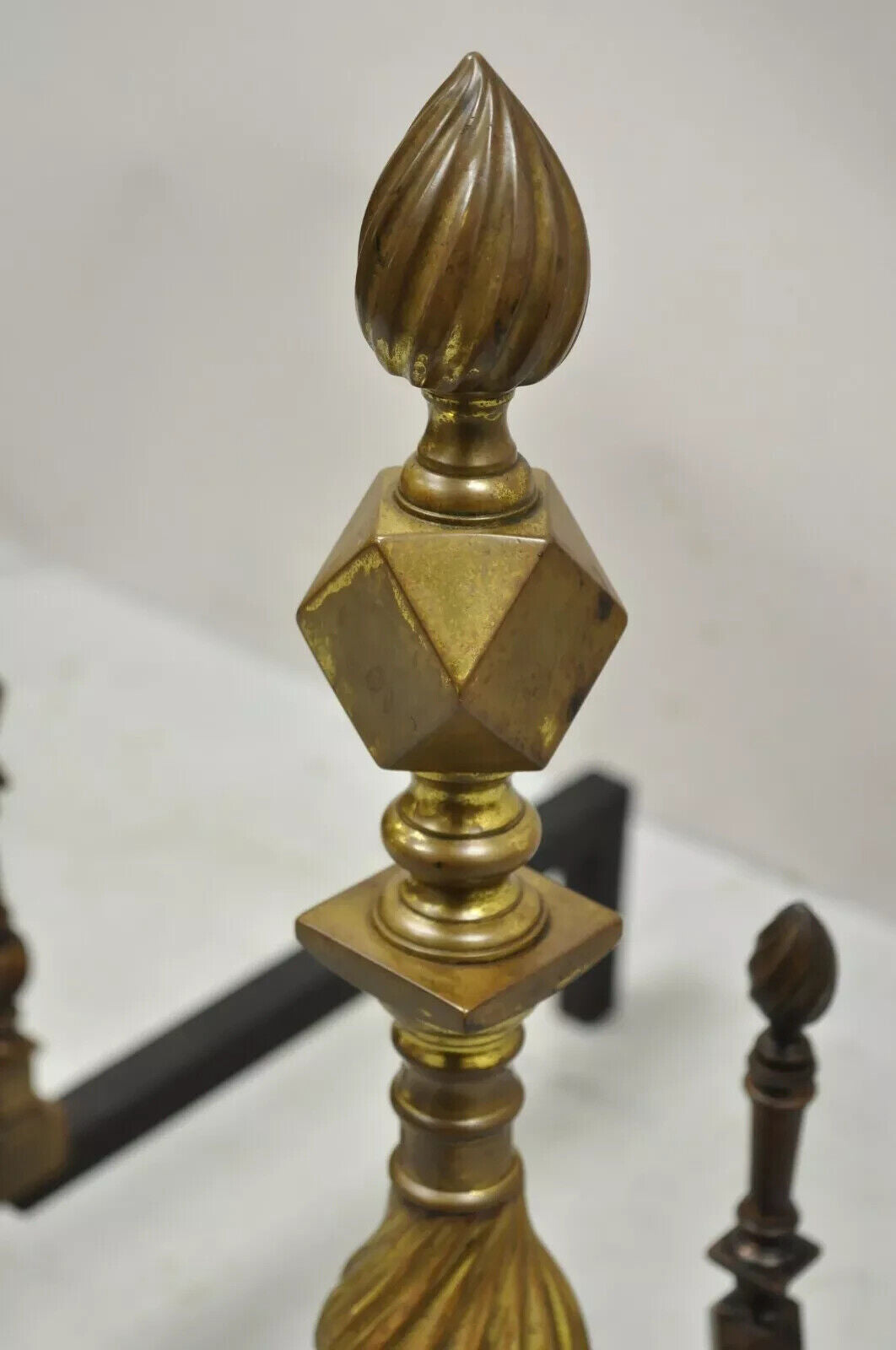 Antique Federal Brass Spiral Twist Finial Branch Leg Ball & Claw Andirons - Pair