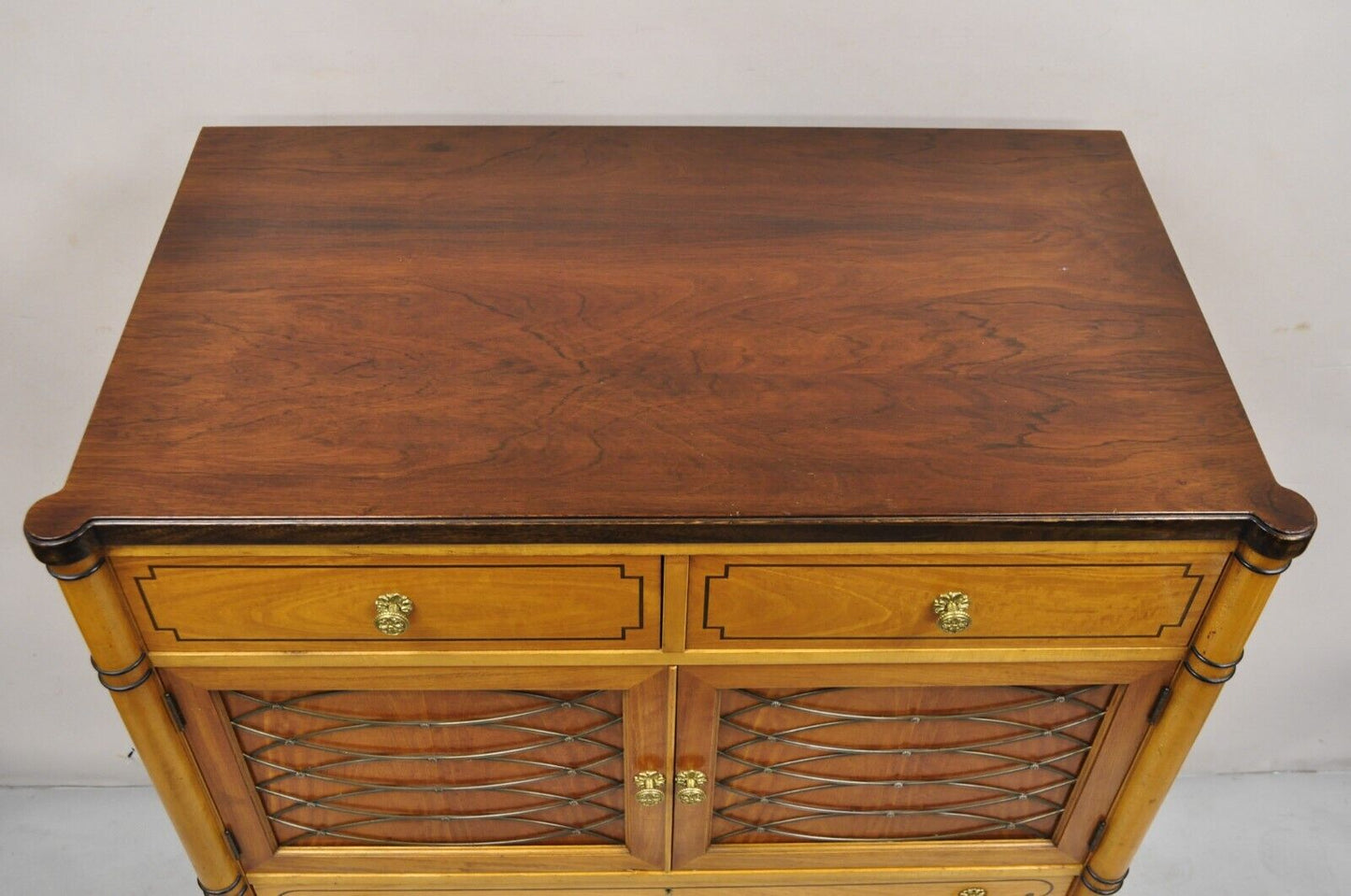 Vintage Kittenger Regency Neoclassical Satinwood & Rosewood Tall Chest Dresser