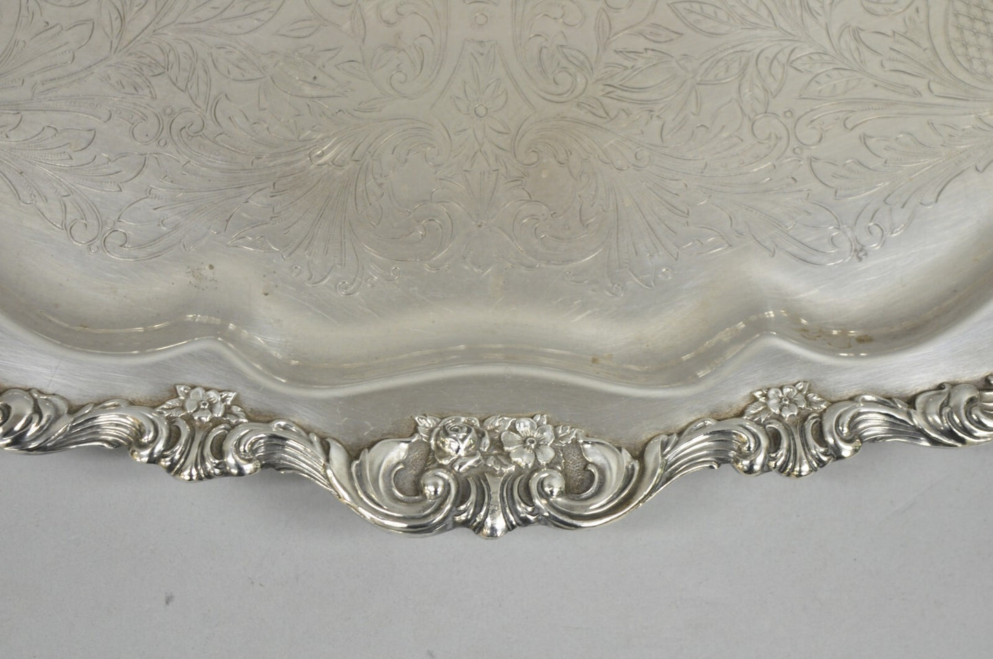 Antique Wallace Baroque Large 28" Silver Plated Serving Bar Tray w/ Handles