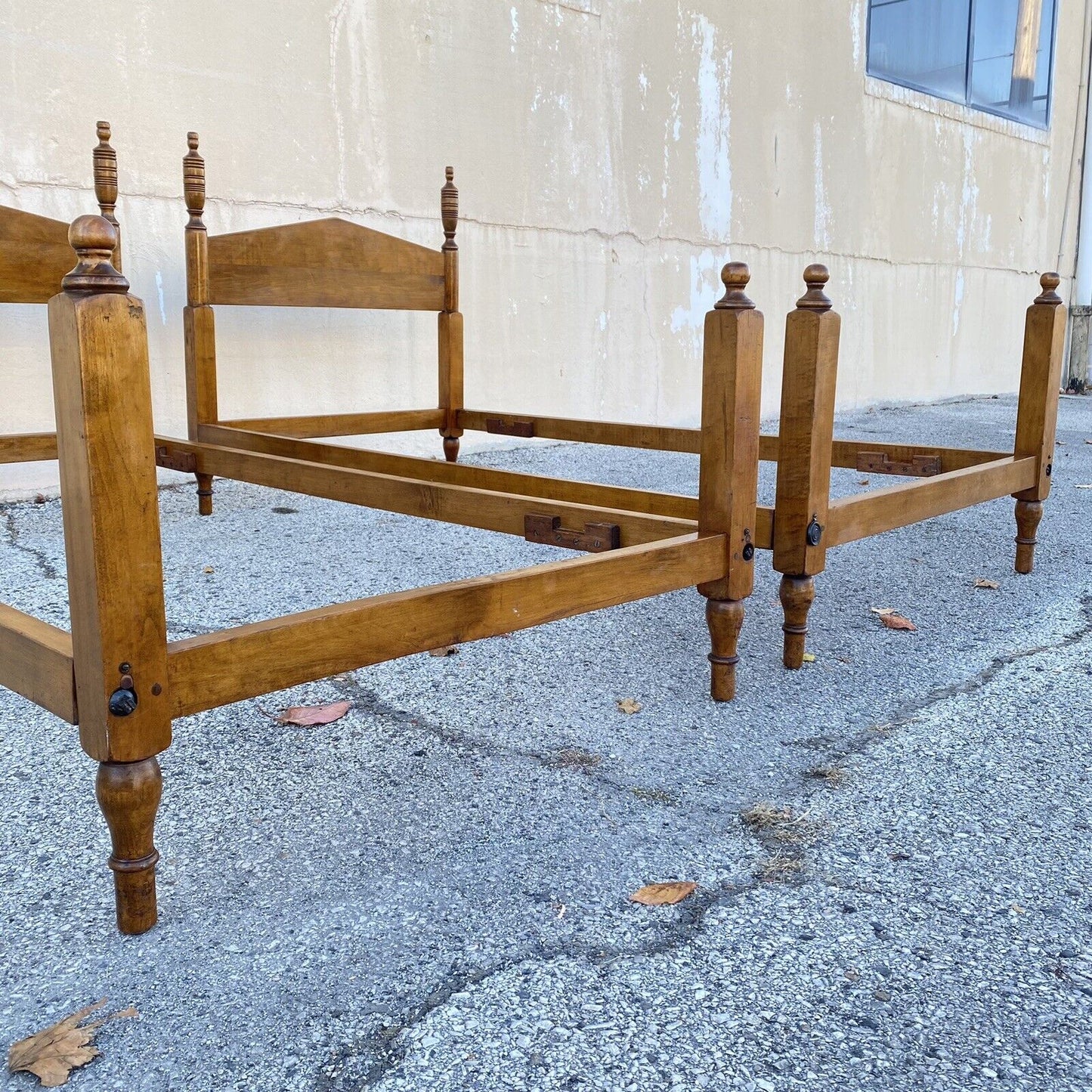 Antique Hitchcock Style Maple Wood Single Twin Bed Frames w/ Urn Finial - a Pair