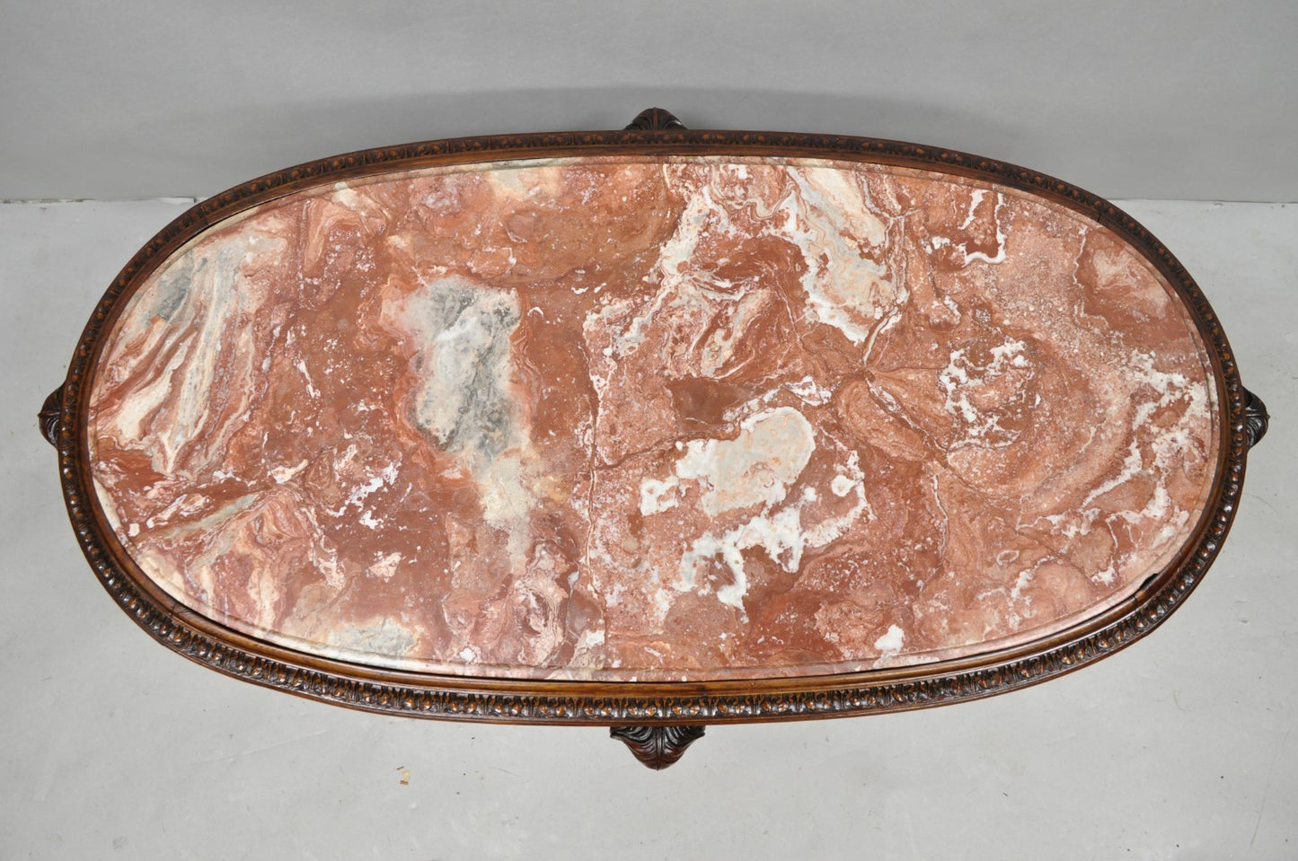 Antique Grosfeld House French Regency Plume Carved Mahogany Marble Coffee Table