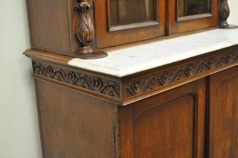19th C. French Renaissance Carved Walnut Marble Top Bookcase Buffet Cabinet