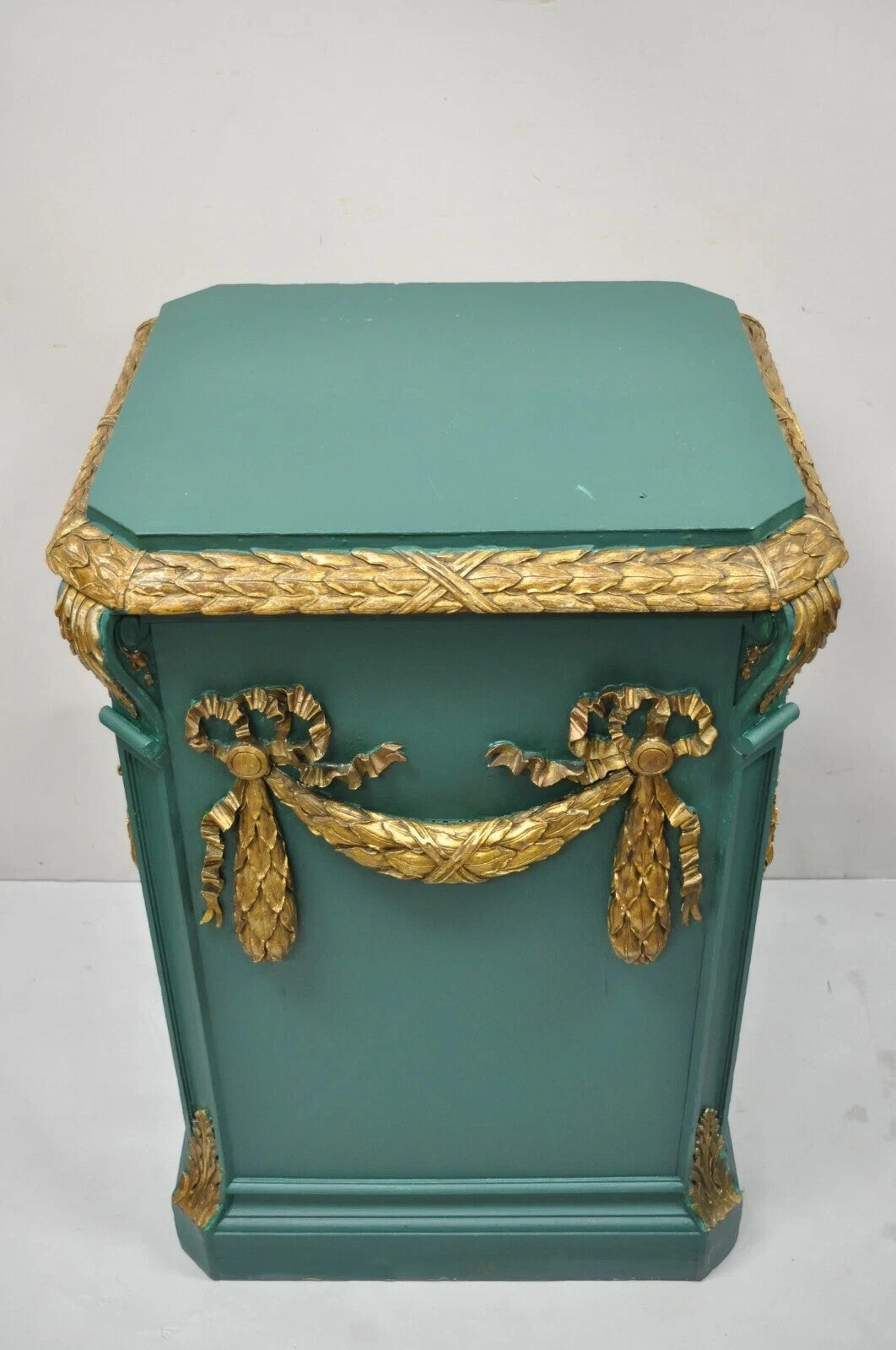 Vintage French Louis XVI Style Green Gold Carved Wood 39" Column Pedestal Stand